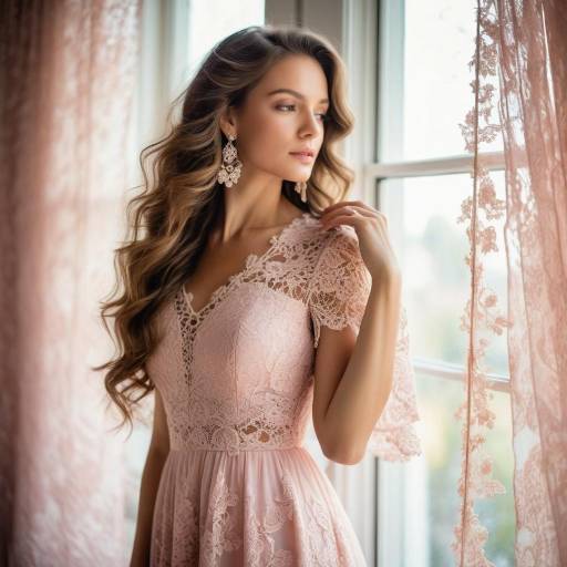 Elegant Woman in Pink Lace Dress by Window