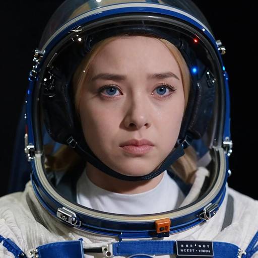 Intense Blonde Woman in Blue Spacesuit