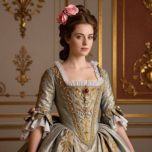 Photorealistic digital portrait of a young woman in an elaborate 18th-century silver and gold embroidered dress with pink roses in her dark hair, set