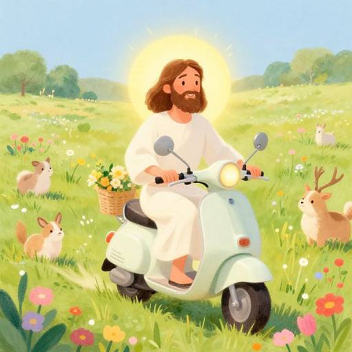 Whimsical Jesus on Scooter in Meadow