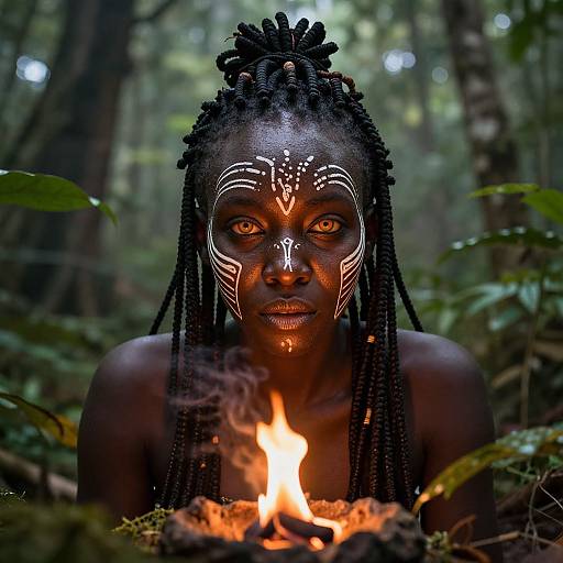 Photograph of a dark-skinned woman with braided hair, white tribal face paint, intense eyes, and glowing orange fire in a dense forest.