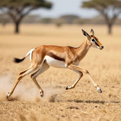 Photograph of a graceful, brown and white gazelle mid-stride in a sunlit, dry savannah with blurred acacia trees in the background