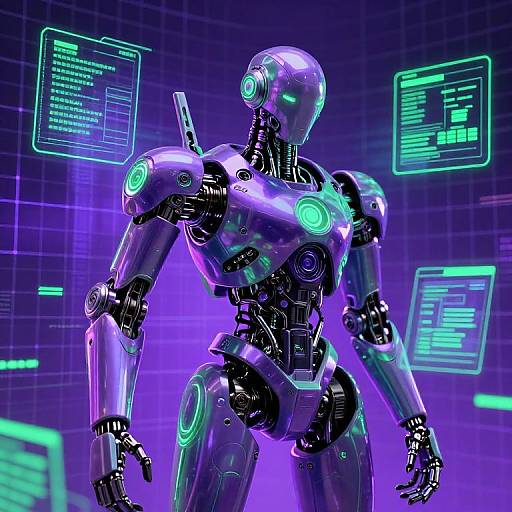 Digital illustration of a futuristic, metallic, humanoid robot with glowing green accents, standing in a neon-lit, grid-patterned cybernetic background.