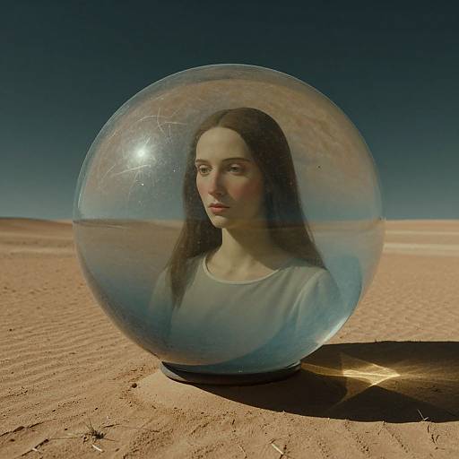 Photograph of a young woman with long brown hair, wearing a white shirt, enclosed in a clear glass sphere, standing in a desert with a clear