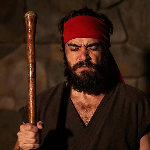 Intense Bearded Man with Wooden Staff