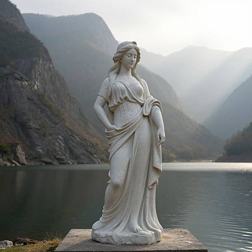 Photograph of a white marble statue of a classical-style woman with flowing drapery, standing on a concrete platform by a misty mountain lake.