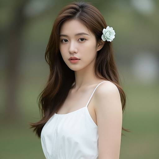 Photograph of an Asian woman with long brown hair, wearing a white spaghetti-strap dress, a white flower in her hair, and standing in a