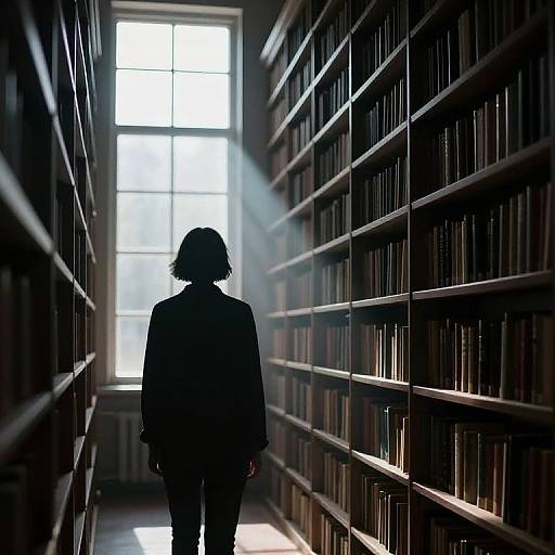 Silhouetted person in suit walks down dimly lit library aisle with sunlit window casting rays, surrounded by towering bookshelves.