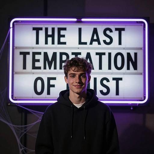 Young Man Under Neon Marquee Lights