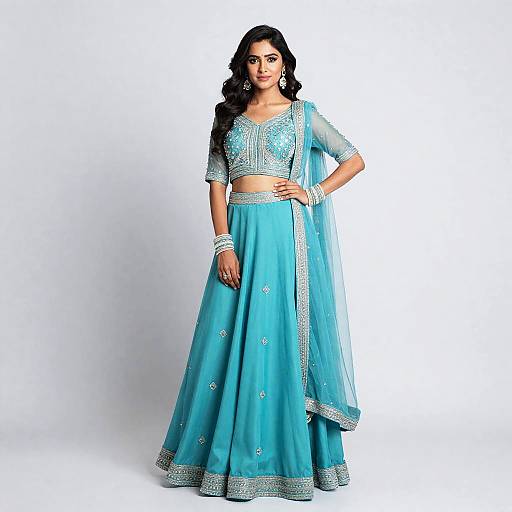 Woman Wearing Aqua Indo-Western Gown