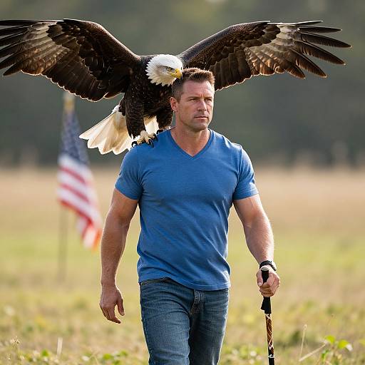 Photograph of a muscular man in a blue shirt with a bald eagle perched on his back, holding a cane, with an American flag in the