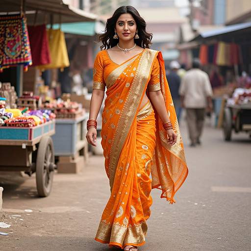 Photograph of a confident Indian woman with black hair, wearing an orange and gold sari, walking down a bustling market street.