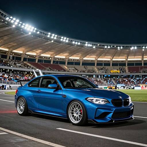 Blue BMW M2 at Berlin Stadium Night