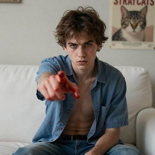 Intense Young Man on White Couch