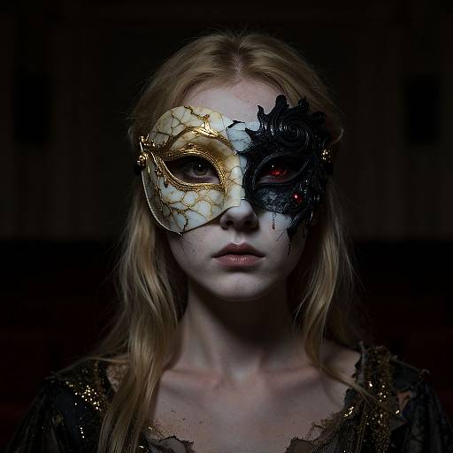 Photograph of a pale-skinned, blonde woman with a dramatic, split-face mask; one side gold with cracks, the other black with red eye