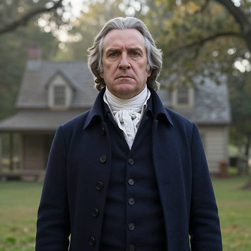 Photograph of a middle-aged man with gray hair, wearing a black coat and white cravat, standing in front of a blurred, wooded house