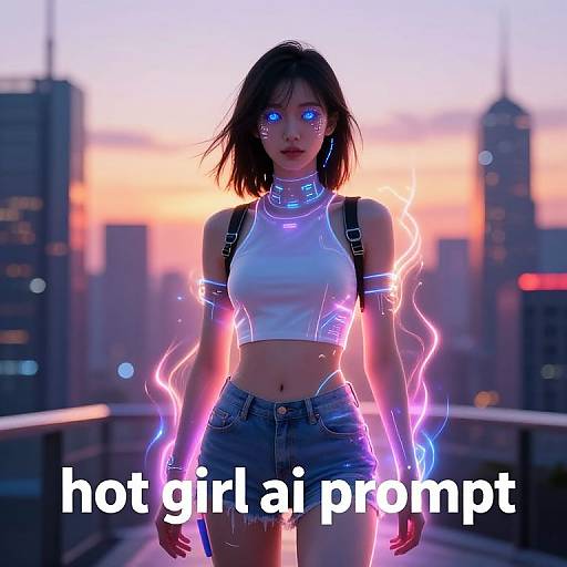 Digital art of a glowing, neon-lit, cyberpunk girl with blue eyes, wearing a white crop top and denim shorts, standing on a rooftop