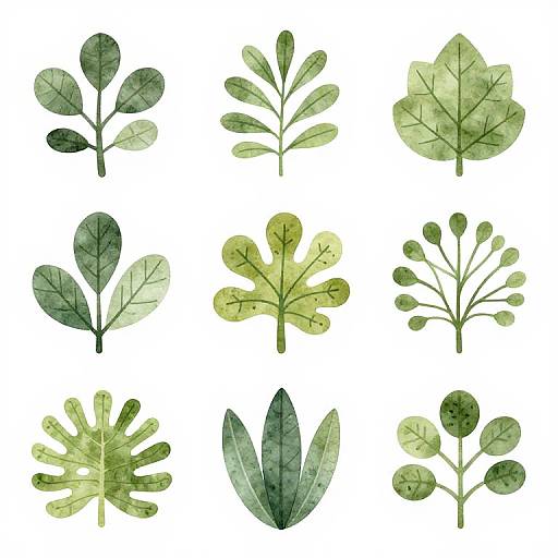 Watercolor illustration of nine distinct green leaf shapes on a white background, each with unique vein patterns and textures.