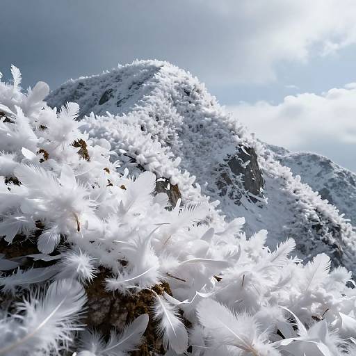 Photograph of a snow-covered mountain peak with bright sunlight, surrounded by white feathers gently floating in the foreground.
