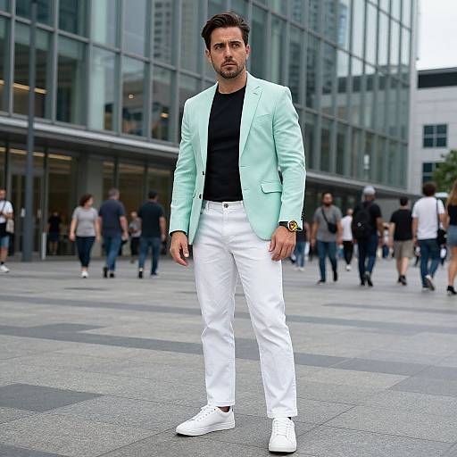 Photograph of a handsome man with dark hair and beard, wearing a light turquoise blazer, black t-shirt, white pants, and white sneakers,
