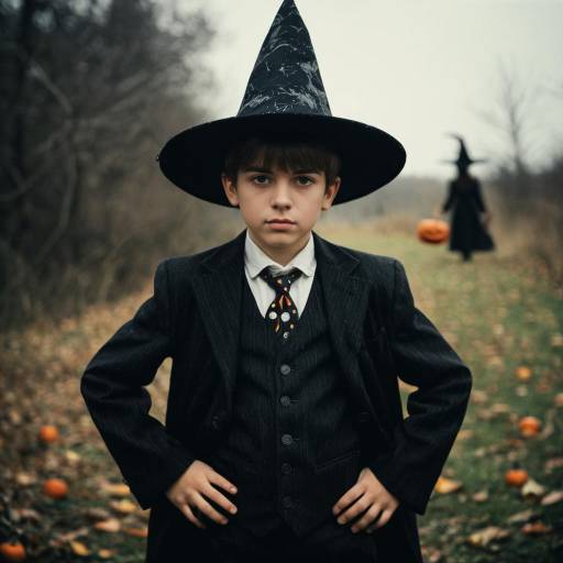 Boy in Halloween Suit with Witch Hat