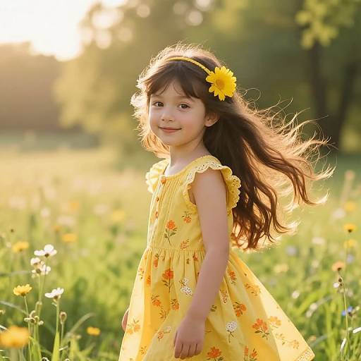 Photograph of a young Asian girl with long brown hair, wearing a yellow floral dress and sunflower headband, smiling in a sunlit meadow