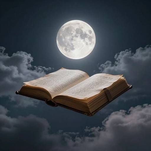 Photograph of an open book floating in the night sky, illuminated by a bright full moon, surrounded by dark clouds.