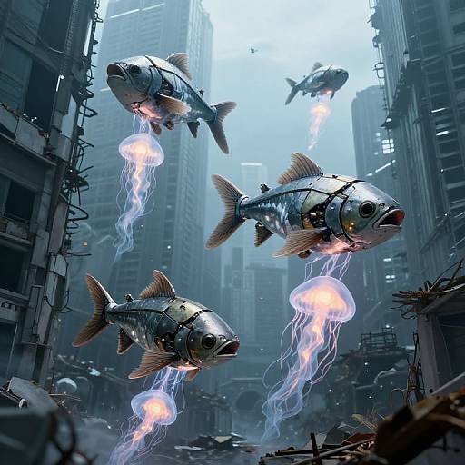 Digital art: Sci-fi cityscape with four glowing, mechanical fish with transparent jellyfish-like tails swimming through a foggy, abandoned urban street.
