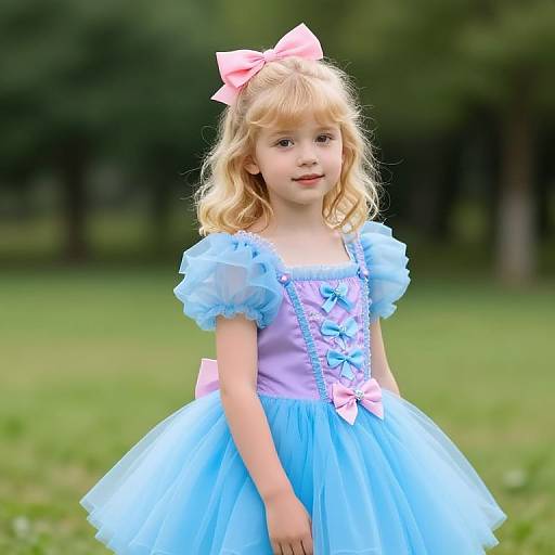 Photograph of a blonde, fair-skinned, young girl in a light blue, puffed-sleeve, tutu dress with pink bows,