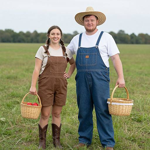 Photograph of a smiling couple in overalls and straw hats, standing in a green field, each holding a wicker basket with red apples.