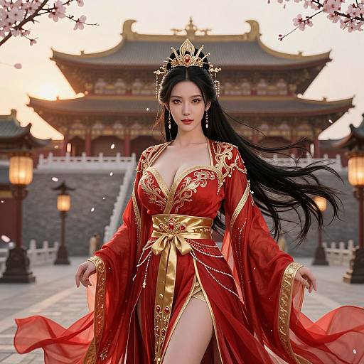 Digital art of an Asian woman with long black hair, wearing a red and gold traditional Chinese dress, crown, and thigh-high slit, standing in front