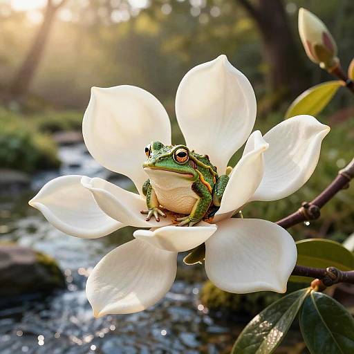 Photograph of a green frog with red eyes sitting on a white magnolia flower, surrounded by a blurred forest and stream.