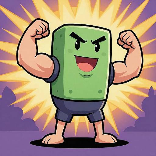 Cartoon green cube with muscular arms, black shorts, and angry expression, flexing in front of bright yellow starburst background. Digital art.