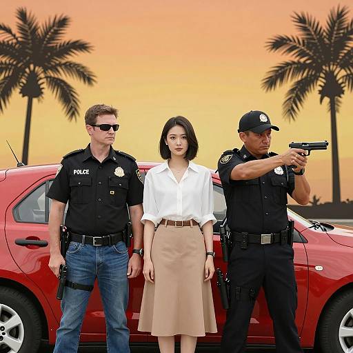 Two Police Officers and Woman Standing by Red Car