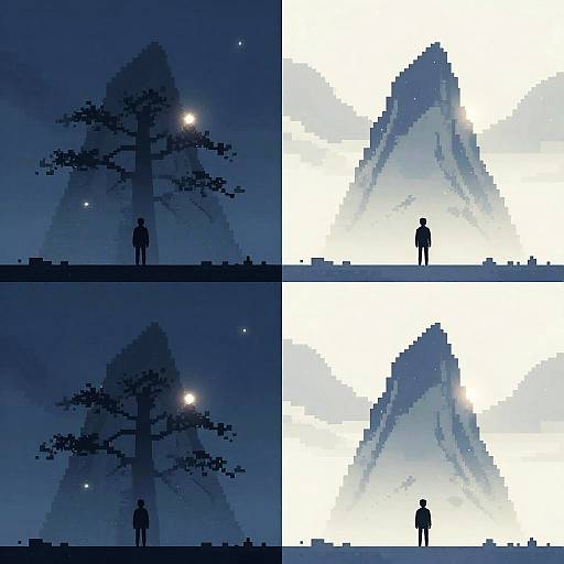 Pixel art collage: Silhouetted figure stands before a glowing, triangular mountain under a starlit night sky in four contrasting panels.