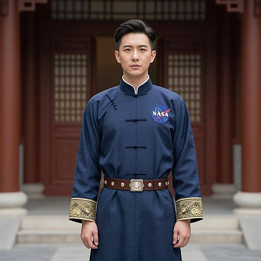 Photograph of a serious Asian man in traditional navy blue Korean hanbok with gold embroidery, standing in front of a red wooden gate.