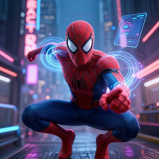 CGI image of Spider-Man in a dynamic pose, crouching in a neon-lit urban street, with glowing blue energy rings and futuristic holog