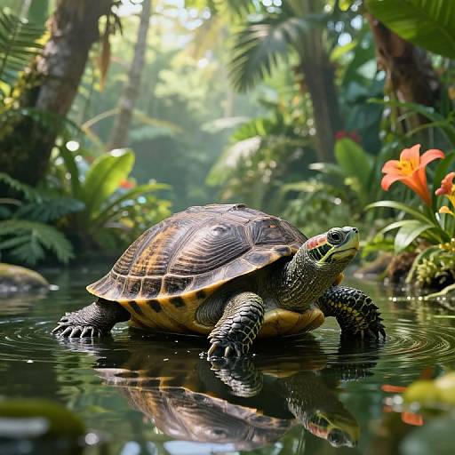 Photorealistic image of a turtle with textured, dark-patterned shell and green, scaly skin swimming in a sunlit, lush jungle pond,