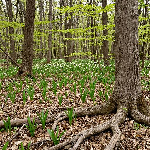 Photograph of a forest floor with green sprouting plants, white flowers, and brown leaves, surrounded by tall trees with thick, textured bark and sprawling