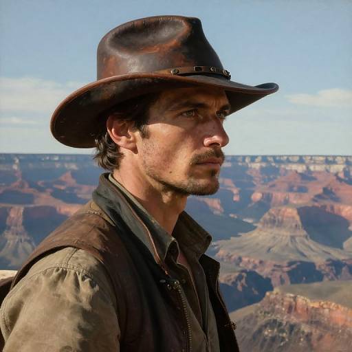 Photograph of a rugged, mustached man in a brown leather hat and vest, standing against a backdrop of the Grand Canyon.