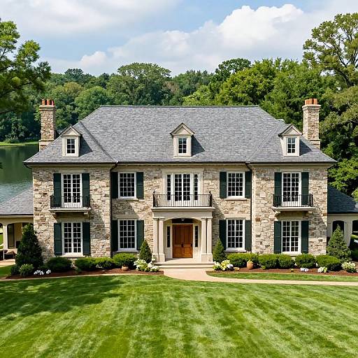 Photograph of a grand, two-story stone mansion with gray shingle roof, white trim, central wooden door, and lush green lawn. Background features
