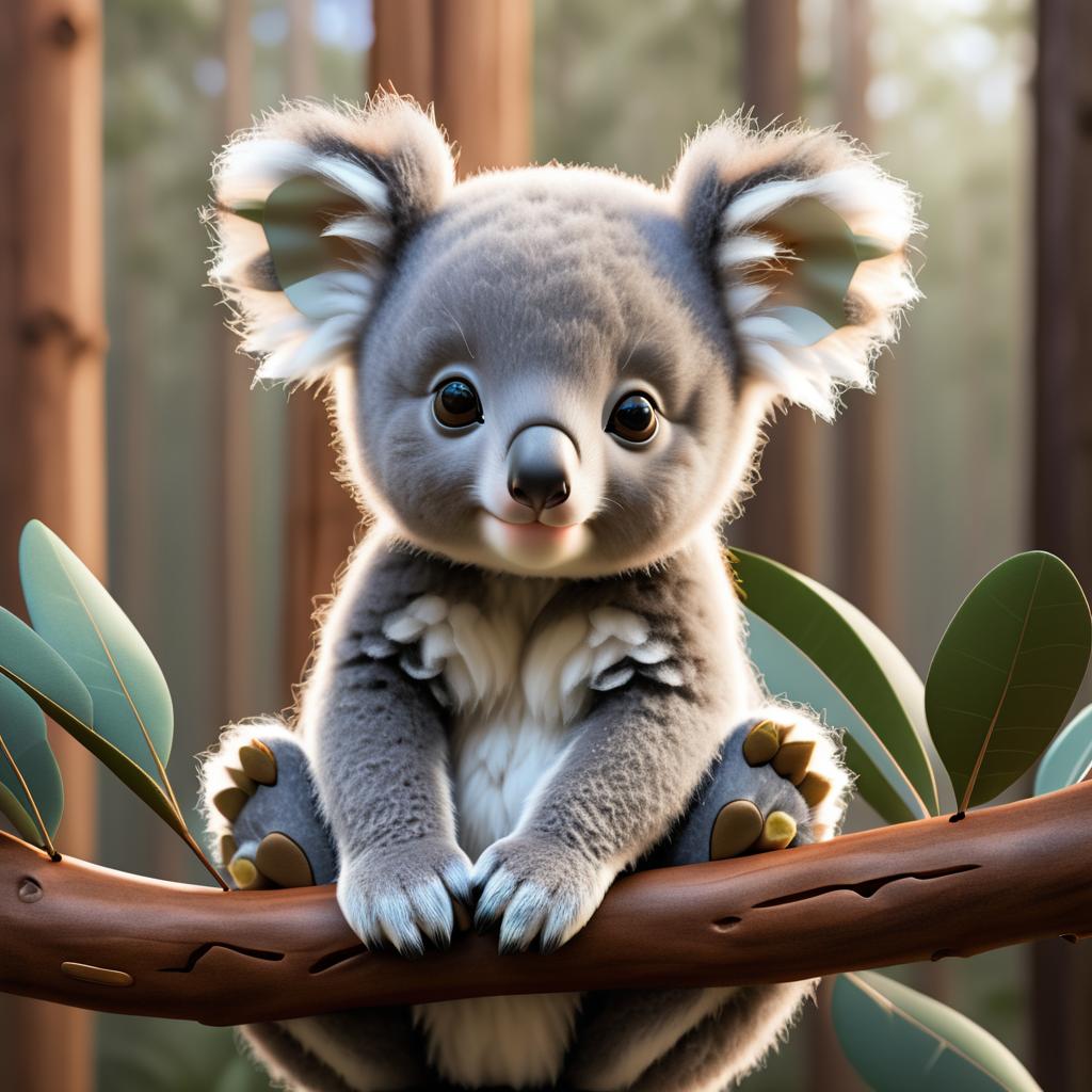 Realistic Baby Koala Joey on Eucalyptus