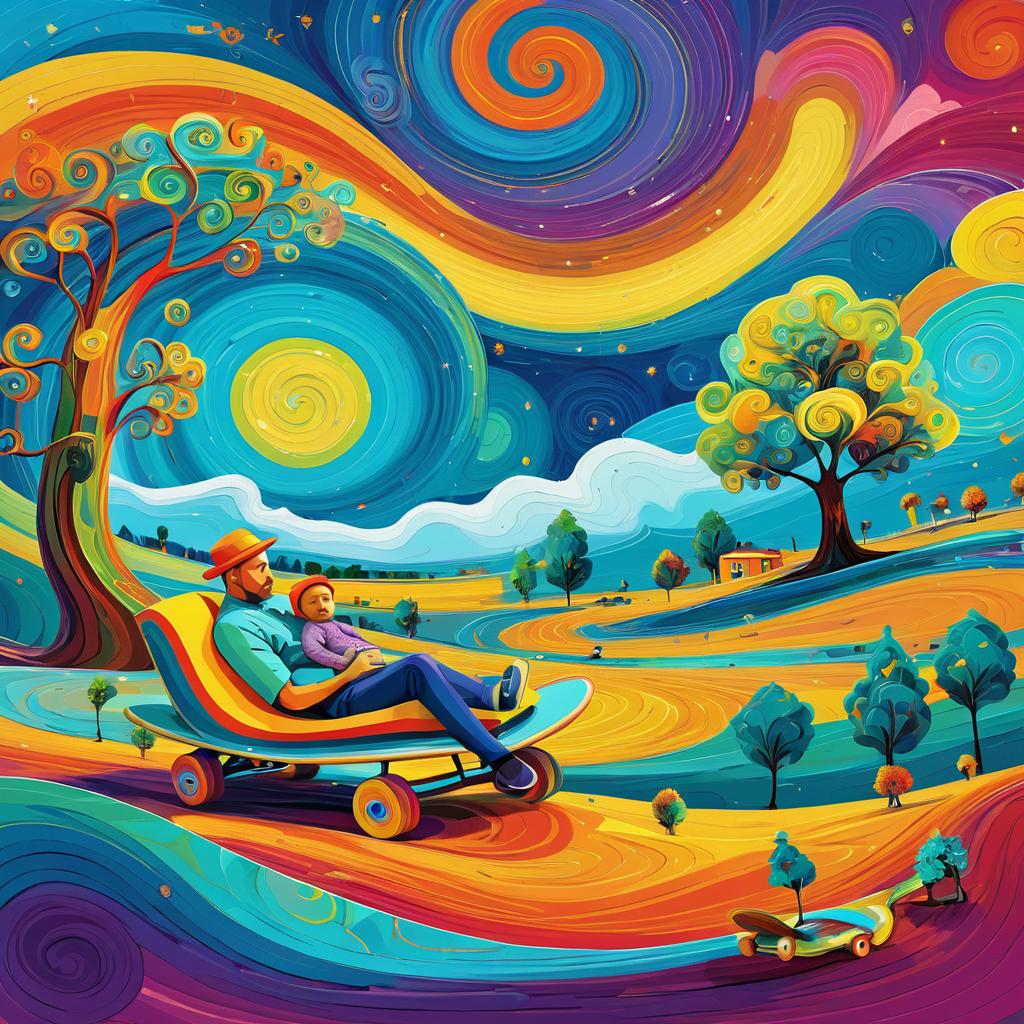 Whimsical Man and Baby in Vibrant Dreamscape