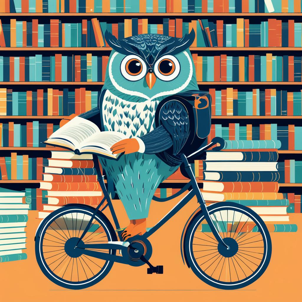 Whimsical Owl Biking in a Library