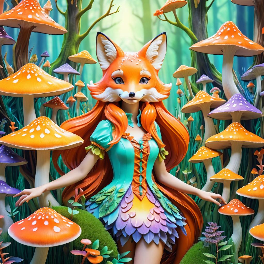 Whimsical Fox Girl in Colorful Fungi