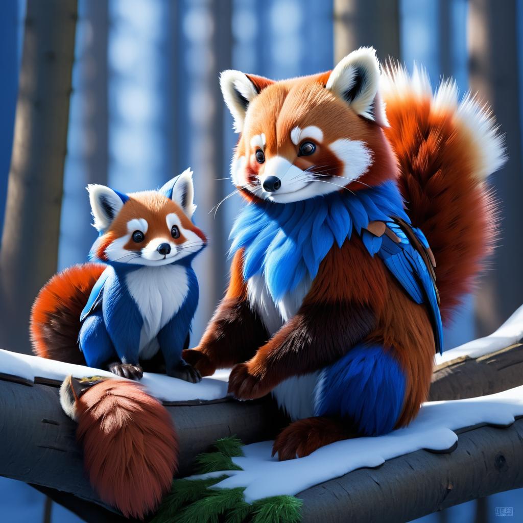 Serene Wildlife Trio: Red Panda, Squirrel, Blue Jay