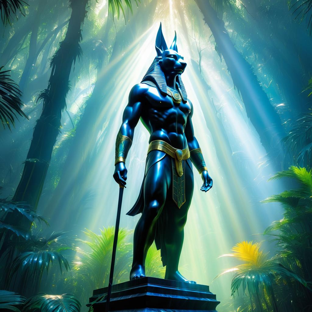 Mystical Anubis Statue in Lush Jungle