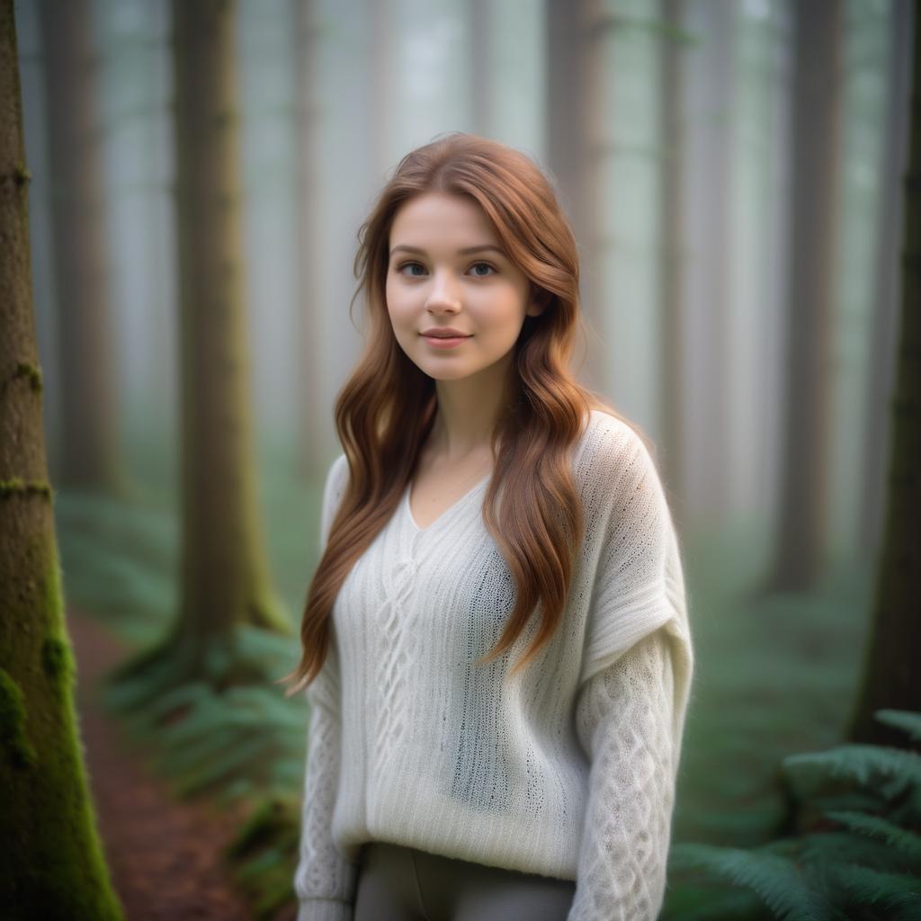 Serene Young Woman in Misty Forest