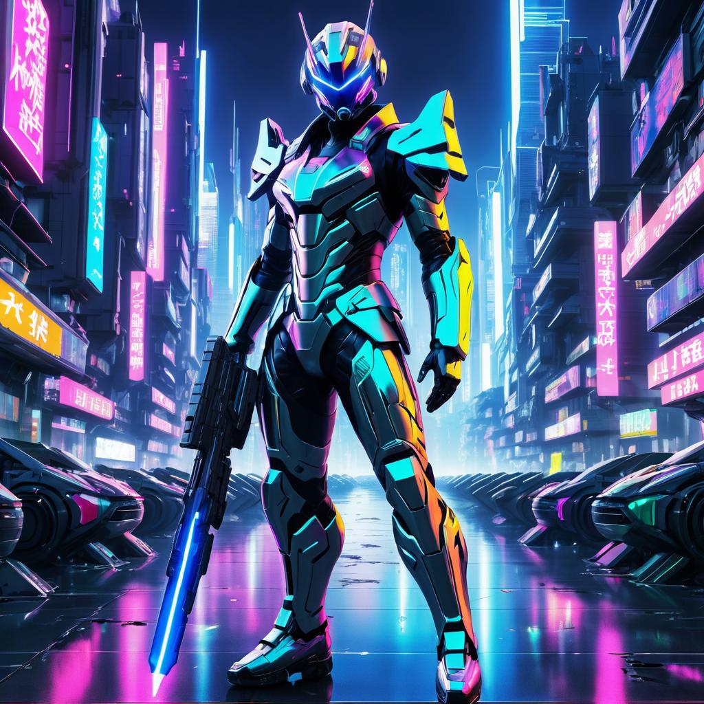 Cybernetic Warrior in Futuristic Cityscape