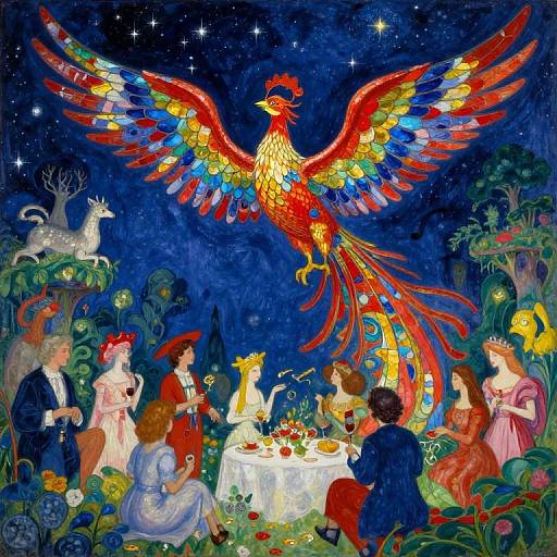 Vibrant painting of a colorful phoenix over a starry night, surrounding six elegantly dressed people dining at a table amidst lush forest, illuminated by